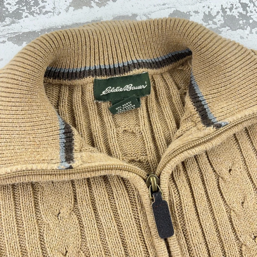 Eddie Bauer Sweater Men Large Tall Brown Heavy Cable Knit Pullover Textured - Picture 6 of 12
